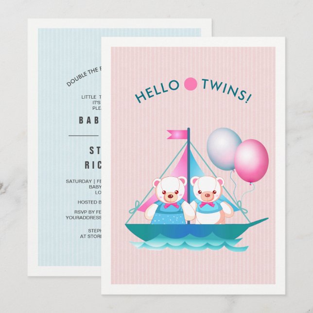 Teddy Bears Twin Girl & Boy Baby Shower Einladung (Vorne/Hinten)