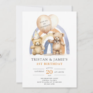 Teddy Bears Twins 1. Geburtstag Wasserfarbe Einladung