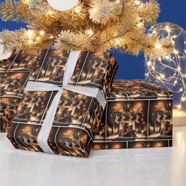 Teddy Bears vor einem Weihnachtsfeuer Geschenkpapier (Feiertage)