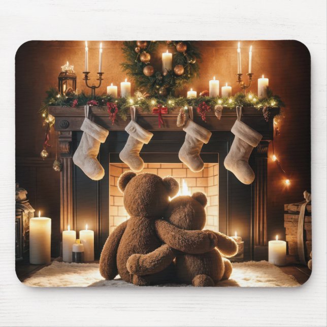 Teddy Bears vor einem Weihnachtsfeuer Mousepad (Vorne)
