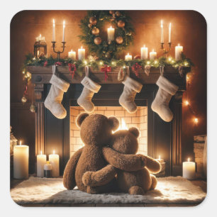 Teddy Bears vor einem Weihnachtsfeuer Quadratischer Aufkleber