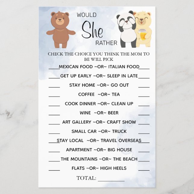 Teddy Bears wollte sie lieber Baby-Dusche-Spielkar Flyer (Vorne)