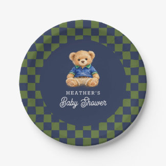 Teddy Beary Checkboard Retro Baby Shower Pappteller