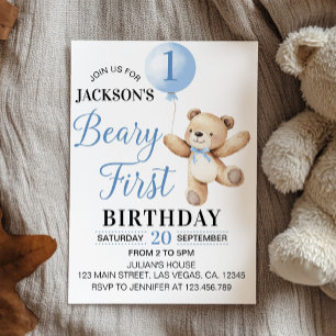 Teddy Blue Balloon Beary First Birthday Einladung
