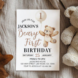 Teddy Brown Balloon Beary First Birthday Einladung