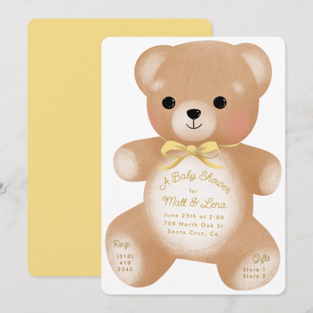 Teddy Butter Yellow Bow Baby Dusche Einladung (Vorne/Hinten)