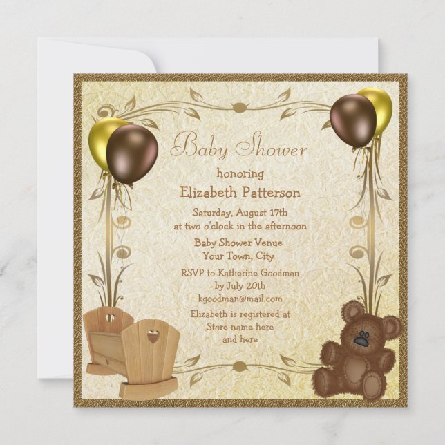 Teddy & Crib Vintag Brown & Gold Baby Dusche Einladung (Vorderseite)
