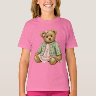 Teddy in einem rosa Kleid und einem grünen Cardiga T-Shirt