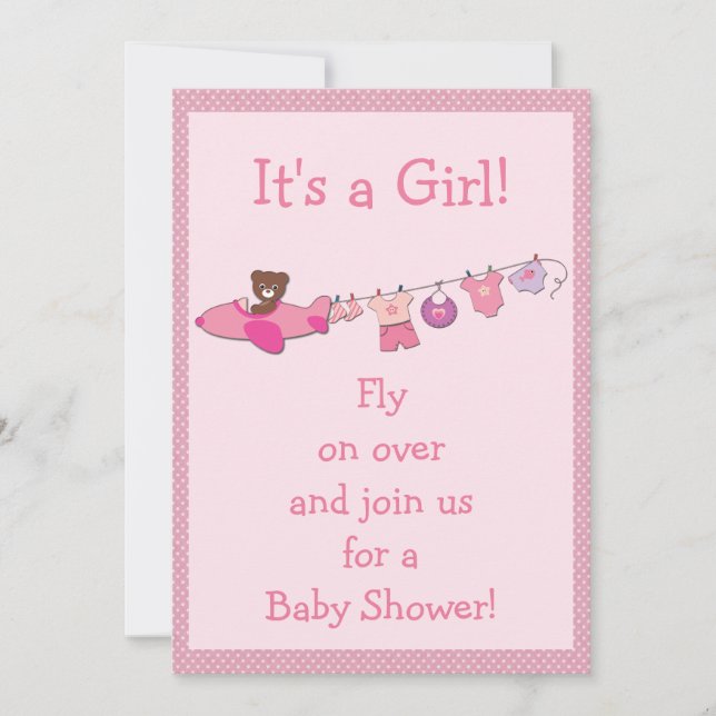 Teddy in Flugzeug & Clothesline Pink Girl Babydusc Einladung (Vorderseite)