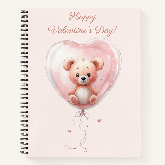 Teddy in Heart Balloon Valentines Design Notizbuch (Vorderseite)