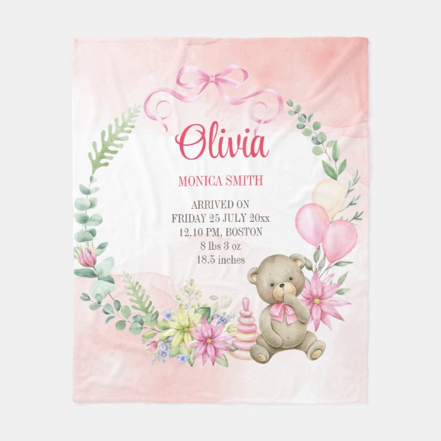 Teddy mit Blumenbogen Babystatustuch Fleecedecke (Vorderseite)