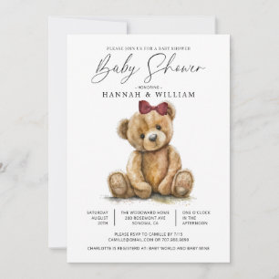 Teddy Ours Aquarelle Girl Baby shower Invitation