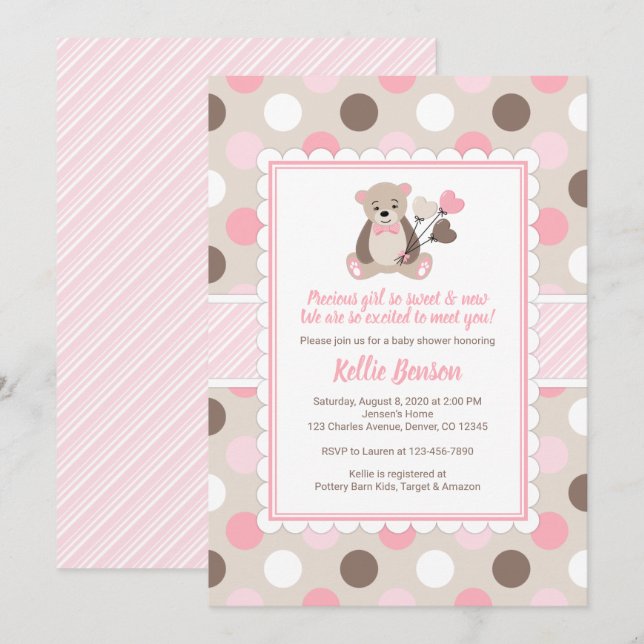 Teddy ours baby shower Invitation fille rose brun (Devant / Derrière)