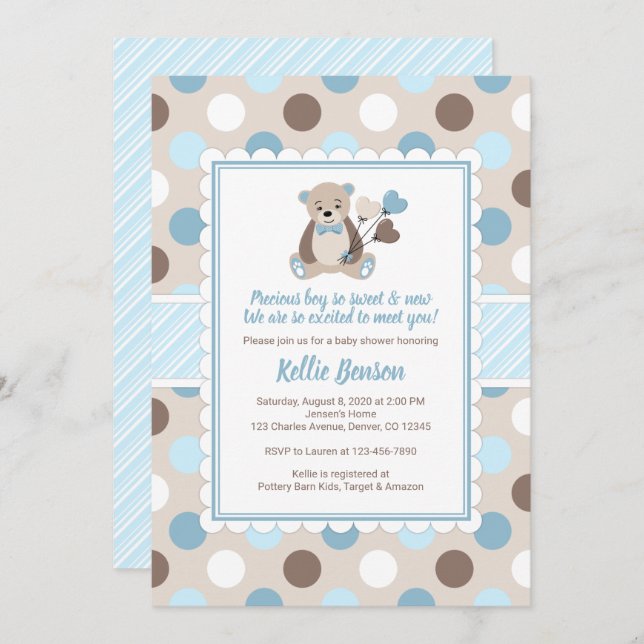 Teddy ours baby shower invitation garçon bleu brun (Devant / Derrière)