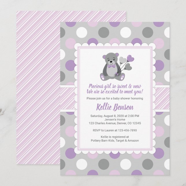 Teddy ours baby shower invitation violet gris (Devant / Derrière)