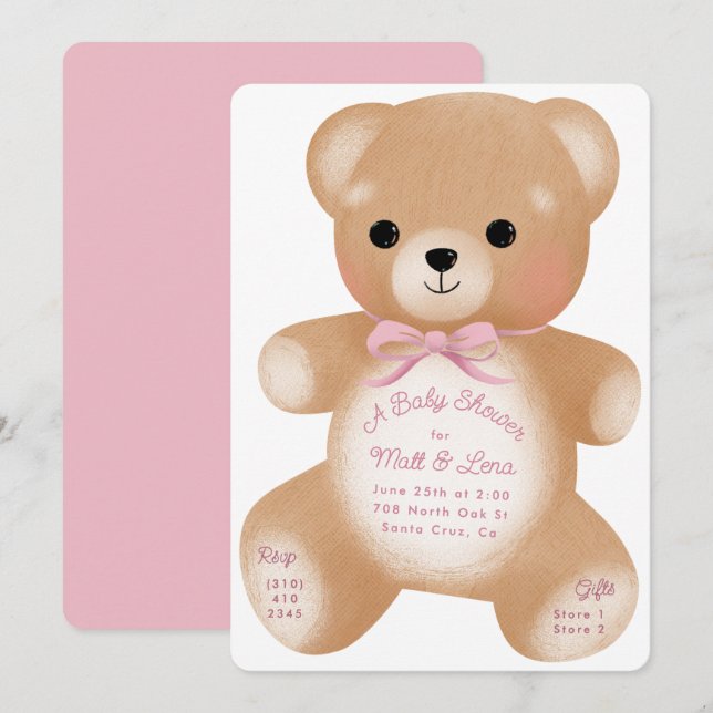 Teddy Pink Bow Baby Dusche Einladung (Vorne/Hinten)