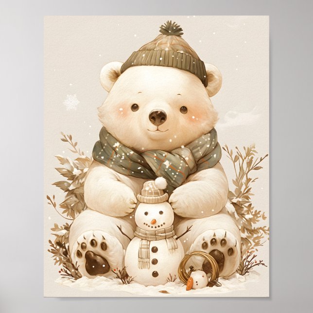 Teddy Polar Bear & Snowman Nursery Wall Art Poster (Devant)