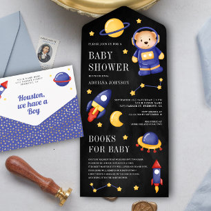 Teddybär-Astronaut im Weltraum Schwarze Babyparty All In One Einladung