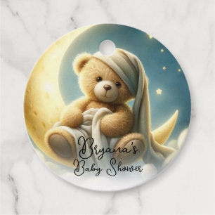 Teddybär auf Mondschein Sterne Babyparty Geschenkanhänger