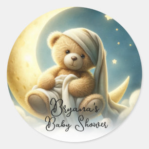 Teddybär auf Mondschein-Sterne-Babyshower Runder Aufkleber