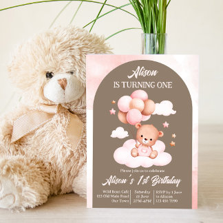 Teddybär aus rosa und braunen Bogen mit Ballons Pa Einladung