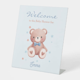 Teddybär-Baby-Jungen-Shower mit sanften blauen Ste Sockelschild