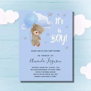 Teddybär Baby-Party Junge blaue Sterne Einladungspostkarte