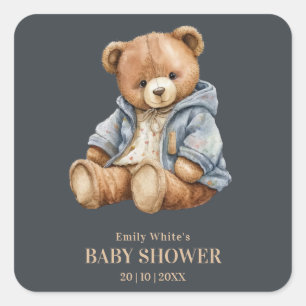 Teddybär-Baby-Shower-Einladung Kann kaum warten  Quadratischer Aufkleber