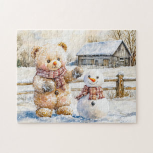 Teddybär baut einen Schneemann