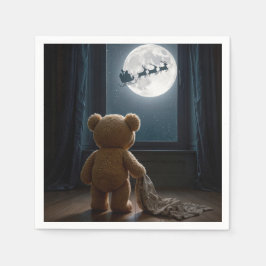 Teddybär beobachtet den Weihnachtsmann und Rentier Serviette