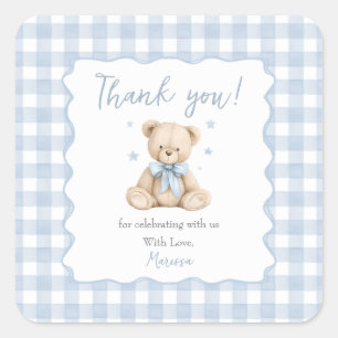 Teddybär Blau Gingham Baby Shower Klassiker Quadratischer Aufkleber