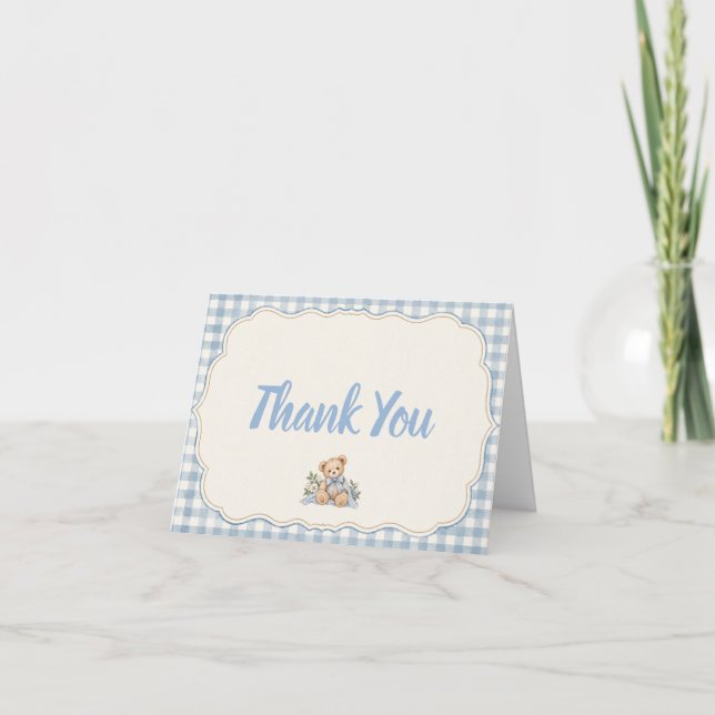 Teddybär Blau Gingham Dankeskarte (Vorderseite)