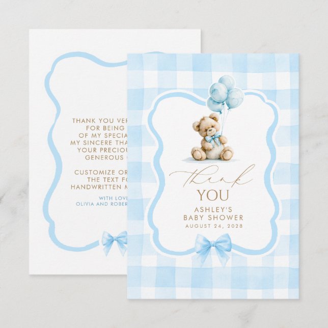 Teddybär Blau Gingham Süß Danke (Vorne/Hinten)