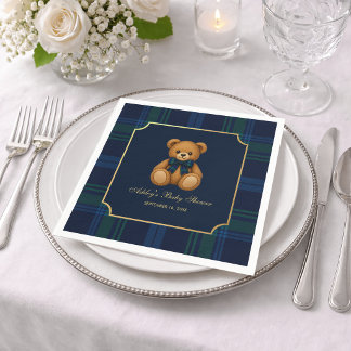 Teddybär Blau Grün Kariert Vornehm Junge Baby-Part Serviette