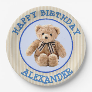 Teddybär Blau und Beige Gepunkteter Party-Teller Pappteller