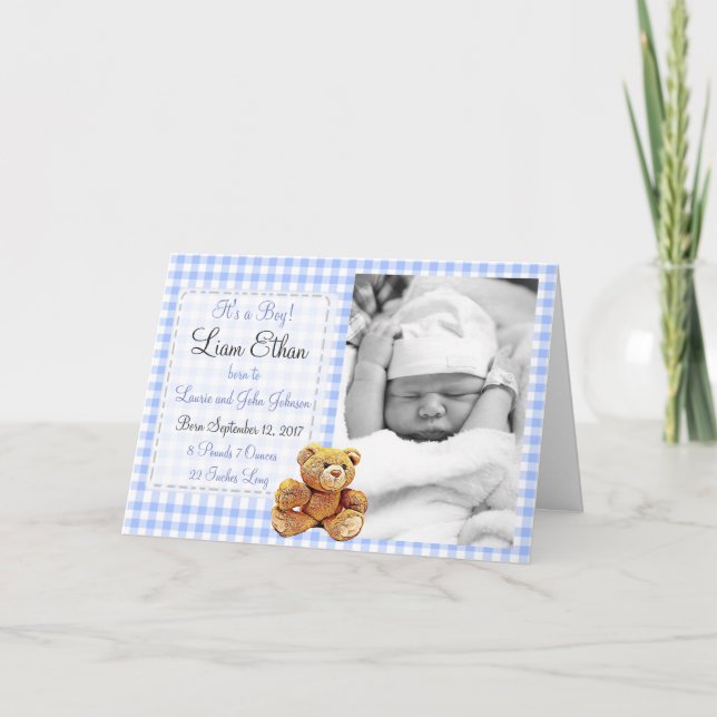Teddybär-blaue Geburts-Mitteilungs-Karte Ankündigung (Vorderseite)