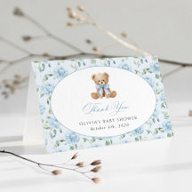 Teddybär, blaues Band, blaue Blumen, Babyparty