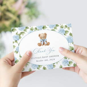 Teddybär, blaues Band, blaue Blumen, Babyparty Dankeskarte