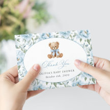 Teddybär, blaues Band, blaue Blumen, Babyparty