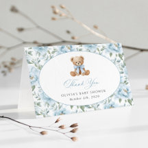 Teddybär, blaues Band, blaue Blumen, Babyparty