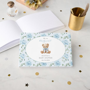 Teddybär, blaues Band, blaue Blumen, Babyparty Gästebuch