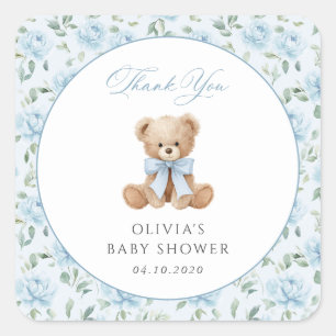Teddybär, blaues Band, blaue Blumen, Babyparty Quadratischer Aufkleber