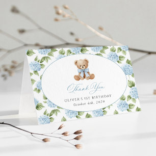 Teddybär, blaues Band, blaue Blumen, erster Geburt Dankeskarte