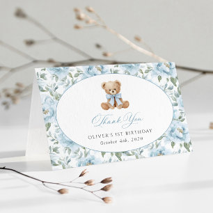 Teddybär, blaues Band, blaue Blumen, erster Geburt Dankeskarte