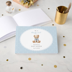Teddybär, blaues Band, blaue Punkte, Babyparty Gästebuch