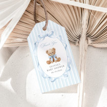 Teddybär, blaues Band, blaue Streifen, Babyparty