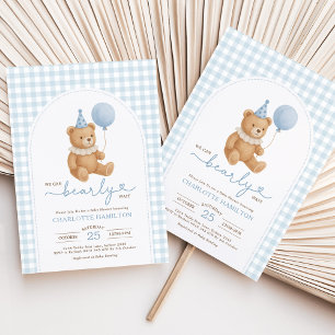 Teddybär Blaues Luftballon Jungen-Baby-Party Einladung