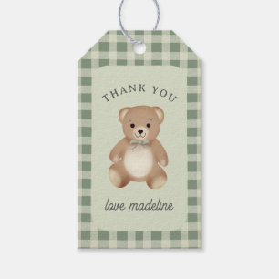 Teddybär-Bogen-Plüsch Gingham Antique Sage Geschenkanhänger