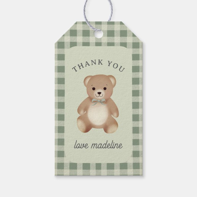 Teddybär-Bogen-Plüsch Gingham Antique Sage Geschenkanhänger (Vorderseite)