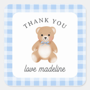 Teddybär-Bogen-Plüsch Gingham Blau Baby Shower Quadratischer Aufkleber